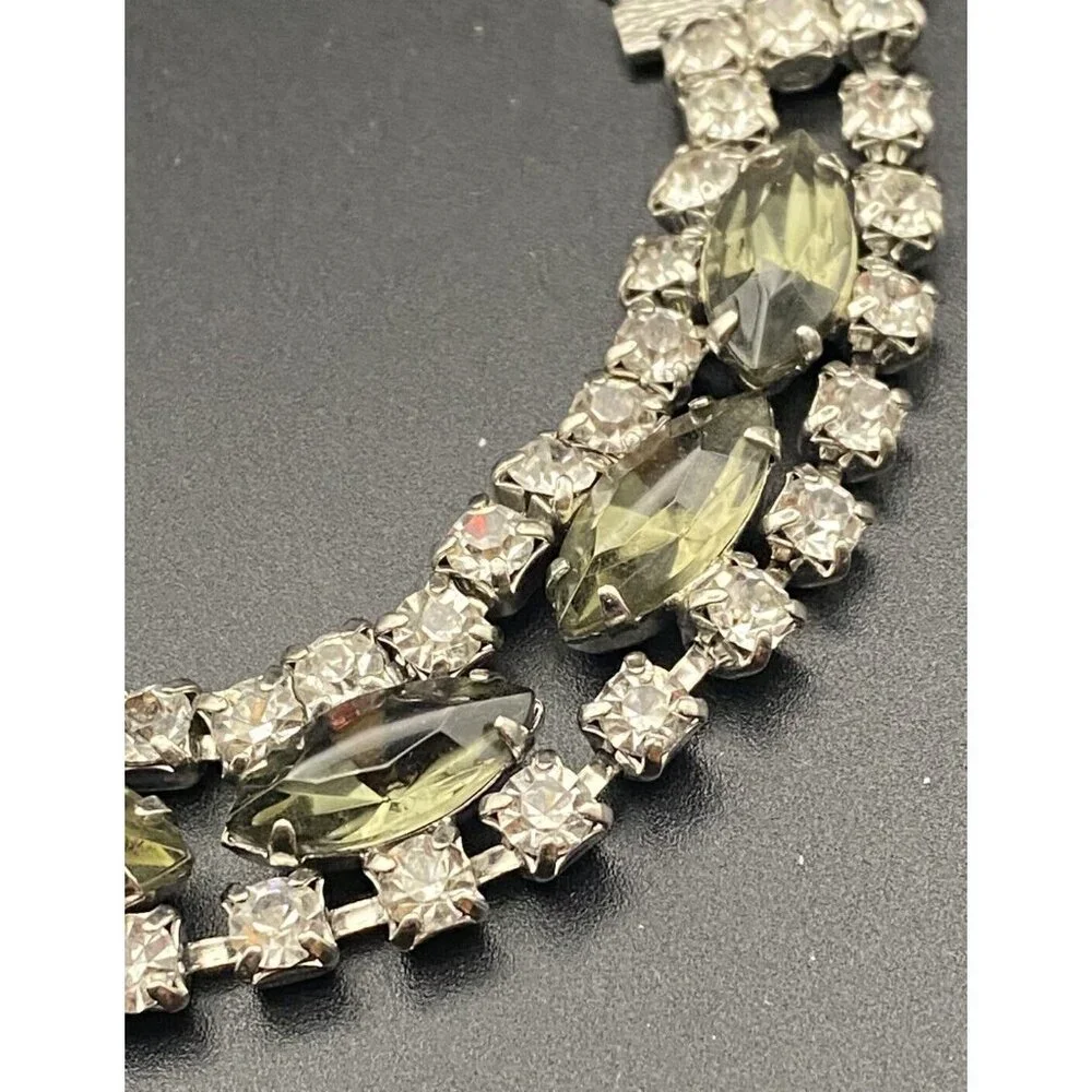 Rhinestone Bracelet Fancy All Prong Set Glass Stone Smokey Green Vintage Retro - Picture 3 of 9
